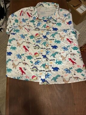 White Short-Sleeve Button-Up Shirt with Colorful Dinosaur Print